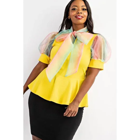 YELLOW- Multi Colored Tie Neck Organza Puff Sleeve Peplum - Picture 1 of 3